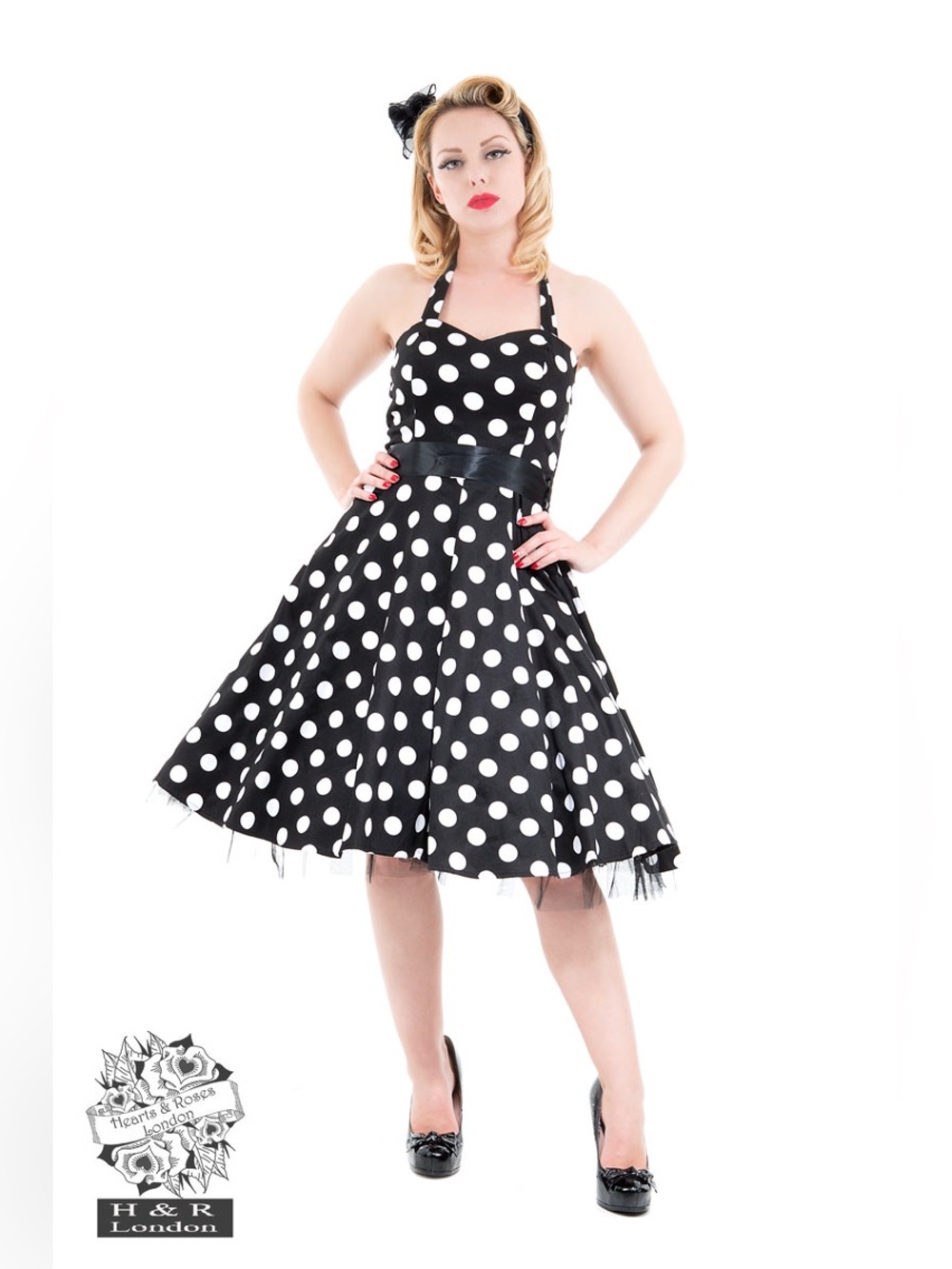 Hearts and Roses Black White Polka Dot Swing Dress *no belt